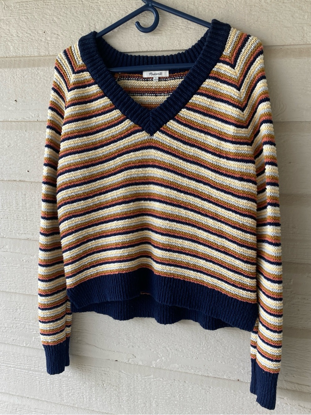 Madewell Navy, Cream & Rust Striped V-Neck Sweater Women’s Small 100% Cotton